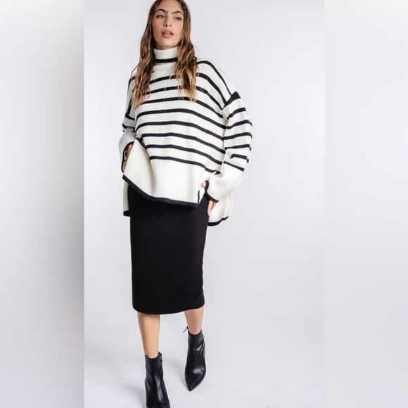 Striped Black and White Turtleneck Sweater - Picture 1 of 6